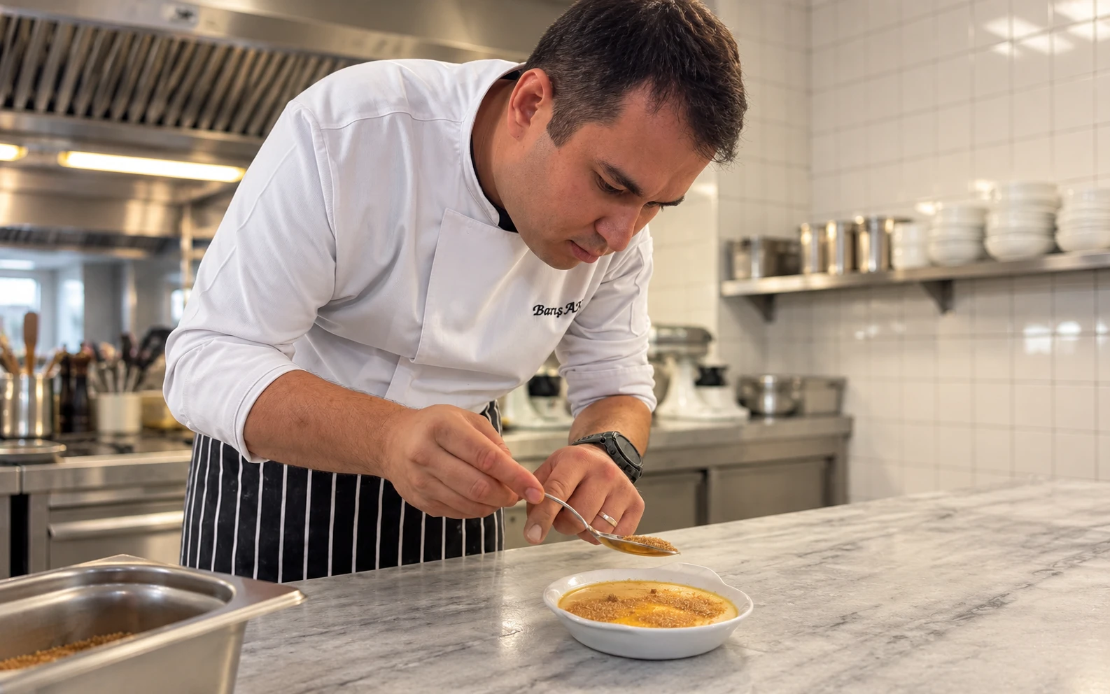Barış Ak demonstrating a dessert finishing technique in a professional teaching kitchen