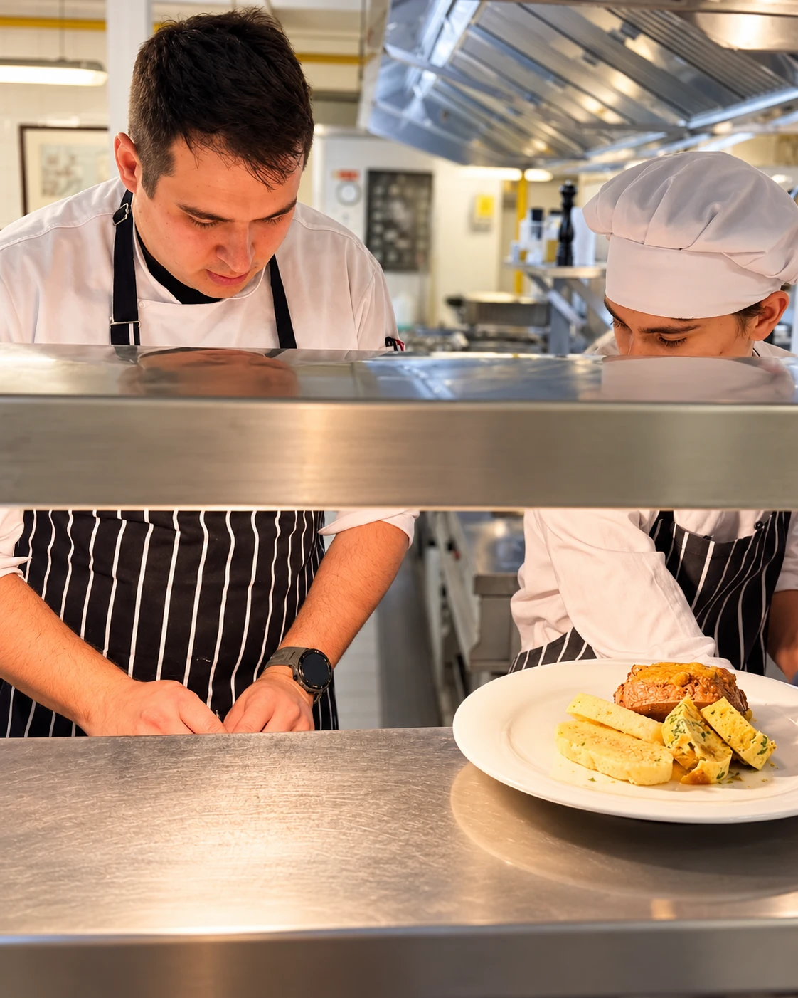 Barış Ak working with a culinary student in a professional teaching kitchen